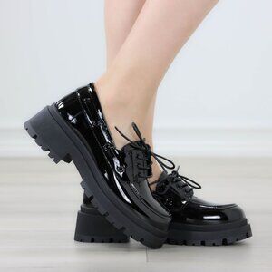 Chunky Penny Loafers Black Lug Sole Slip On Platform Patent Black Lace Up